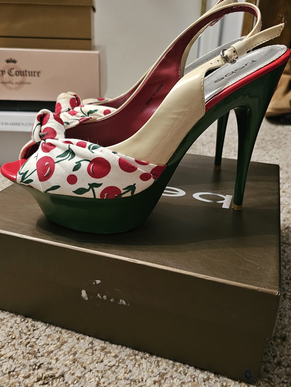 bebe Cherry-Print Peep Toe Platform Slingbacks in White/Red/Green
